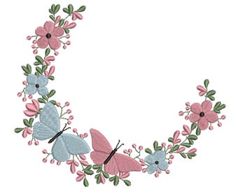 Butterfly Floral Crescent Wreath Machine Embroidery Design- Machine Embroidery Design