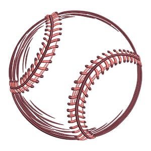 May include: A red and white baseball with brown stitching. The baseball is drawn in a stylized way, with the stitching appearing as a series of lines.