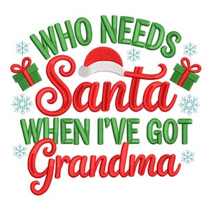 May include: A Christmas-themed design with the text "WHO NEEDS Santa WHEN I'VE GOT Grandma" in red and green. A Santa hat, snowflakes, and wrapped gifts are also included in the design.
