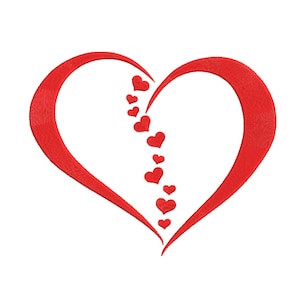 May include: A red heart design with a textured, embroidered appearance. A line of smaller red hearts flows down the center of the larger heart, creating a romantic and decorative image. The design is set against a plain white background.