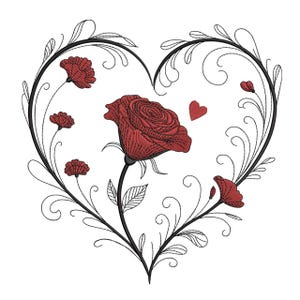 May include: A detailed embroidery design featuring a large red rose at the center, surrounded by smaller red flowers and a small red heart. The flowers are enclosed within a black heart-shaped frame with decorative swirls, all set against a white background.