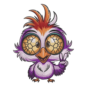 Könnte beinhalten: Cartoon-Vogel mit Friedenszeichen-Geste. Der Vogel ist überwiegend lila, orange und weiß, mit detaillierten Stickereien. Er hat große Augen mit einem ausgeprägten Rissmuster, was ihm ein einzigartiges Aussehen verleiht.