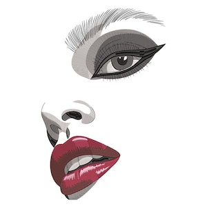 Pode incluir: Design bordado de um rosto feminino, com um olho detalhado com delineador escuro, uma sobrancelha definida, um nariz e lábios vermelhos brilhantes. A obra de arte é renderizada em tons de cinza, preto e vermelho sobre um fundo branco.