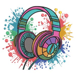 May include: Colorful headphones with a bright pink, blue, and yellow design. The headphones are surrounded by colorful paint splatters.