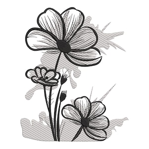 Puede incluir: Dibujo de línea en blanco y negro de flores con un fondo texturizado.
