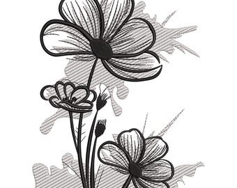Minimalist Line Art Flower Embroidery Design, Monochrome Floral Machine Embroidery File, Sketch Style Pattern