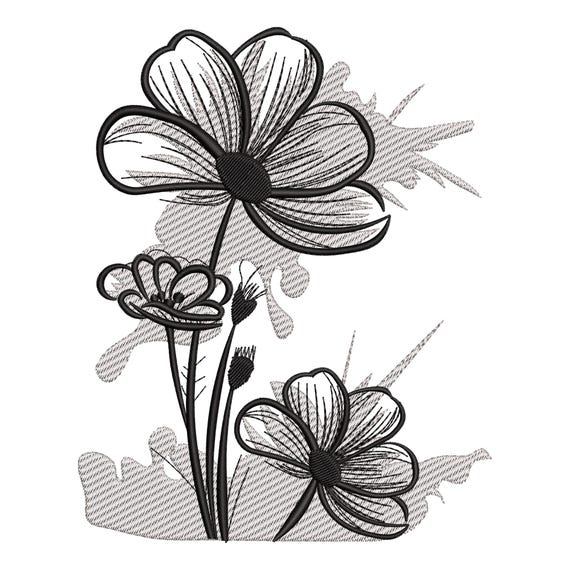 Minimalist Line Art Flower Embroidery Design, Monochrome Floral Machine Embroidery File, Sketch Style Pattern