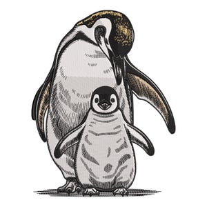 May include: A black and white illustration of a penguin with a smaller penguin chick standing in front of it. The larger penguin is looking down at the chick.