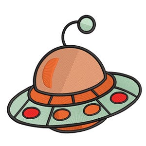 May include: A cartoon illustration of a flying saucer. The spacecraft has a light orange dome, a mint green lower section with red and orange accents, and a black outline. A curved antenna with a green sphere tops the saucer.