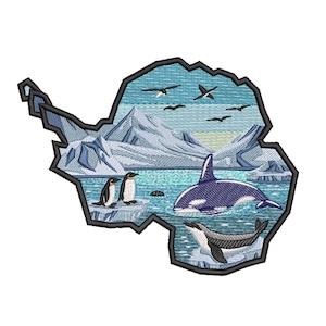 May include: Embroidered patch featuring a stylized Antarctica map with penguins, an orca, and a dolphin in a blue ocean scene. The patch includes flying birds and icebergs, with a black border.