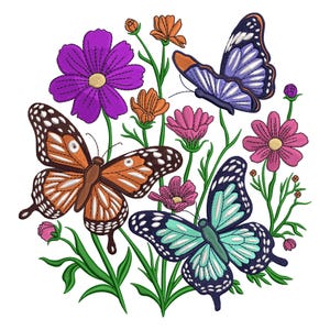 Könnte beinhalten: Ein gesticktes Design mit vier Schmetterlingen und verschiedenen Blumen in Lila, Orange, Rosa und Türkis. Die Schmetterlinge haben detaillierte Flügelmuster, und die Blumen haben grüne Stiele und Blätter, alles vor weißem Hintergrund.
