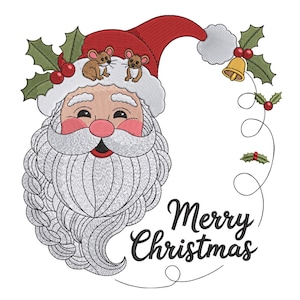 Könnte beinhalten: Gesticktes Design von Santa Claus mit roter Mütze und weißem Bart, mit zwei kleinen Mäusen. Das Bild zeigt den Text "Merry Christmas" in Schreibschrift, Stechpalme und eine goldene Glocke. Festliches Weihnachtsdesign.