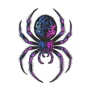May include: A stylized spider illustration with a gradient color scheme. The spider's body is a mix of blue, purple, and pink, with a textured pattern on its back. The legs are long and detailed, with a gradient effect.