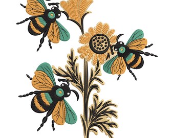 Bee and Flower Embroidery Design, Garden Insect Machine Embroidery File, Spring Floral Stitch Pattern