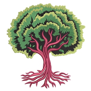 May include: An embroidered tree design with a detailed, layered canopy in shades of green and black. The trunk and roots are a deep pink, creating a striking contrast against the white background. The tree's leaves have a textured appearance.