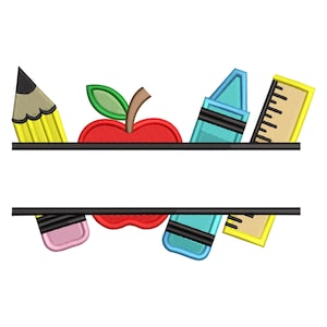 May include: A colorful school-themed design featuring a yellow pencil, a red apple with a green leaf, a blue crayon, and a yellow ruler. The design is split by two black lines, creating space for text.