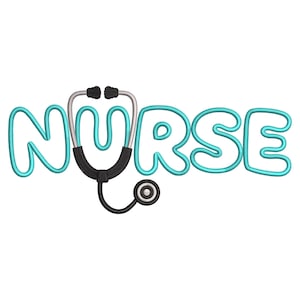 May include: A teal-colored word "NURSE" with a stethoscope design. The stethoscope is black, silver, and gray. The word is in a bubble letter style, and the stethoscope is placed over the letter "U".