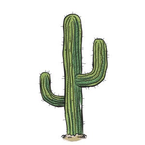 May include: An embroidered saguaro cactus patch featuring vertical green stripes, a central column with two curved arms extending outward, and small black needle-like spines along the edges, finished with a textured tan base at the bottom.