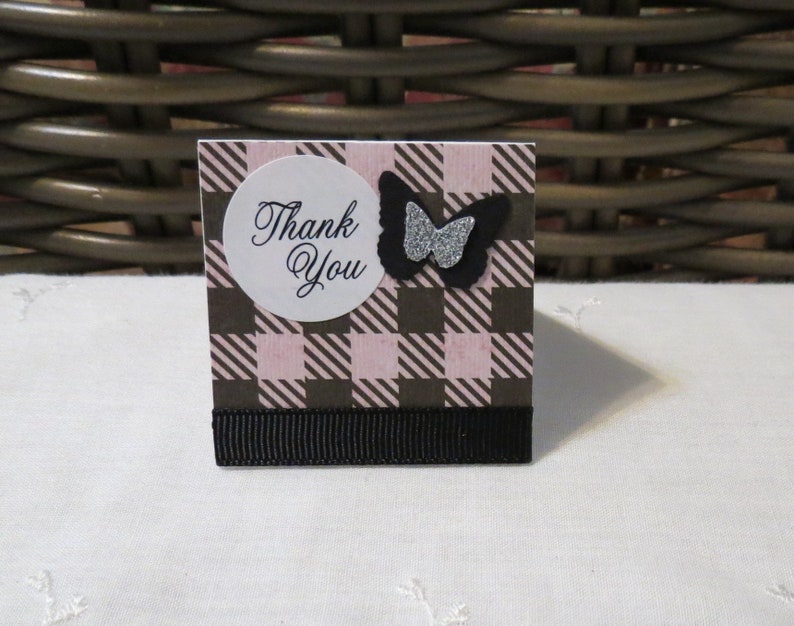 Pink and Black Plaid Mini Thank You Cards with Butterflies Handmade Set of 50