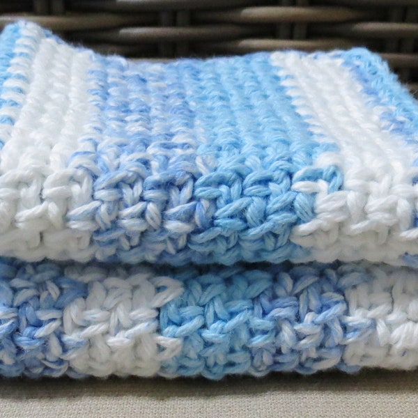 Blue and White Stripes Cotton Crocheted Wash Cloth Set of Two