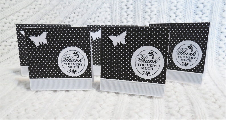 Black and White Handmade Mini Thank You Cards with Polka Dots and Butterflies Set of 50