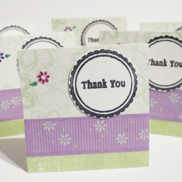 Mini Thank You Cards Handmade Green and Purple with Flowers Set of 24