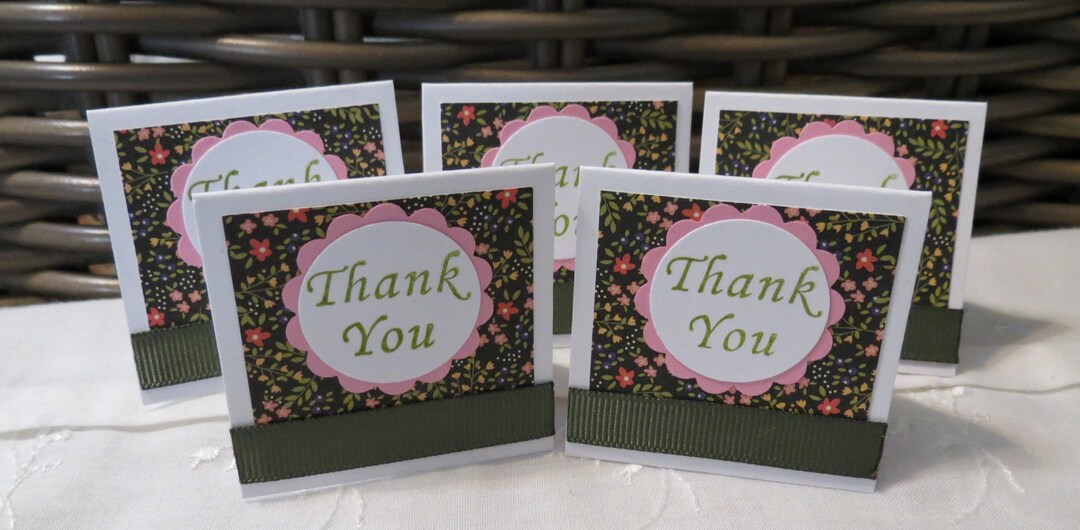 Floral Mini Thank You Cards, Green, Pink and Back; Handmade Set of 45 ...