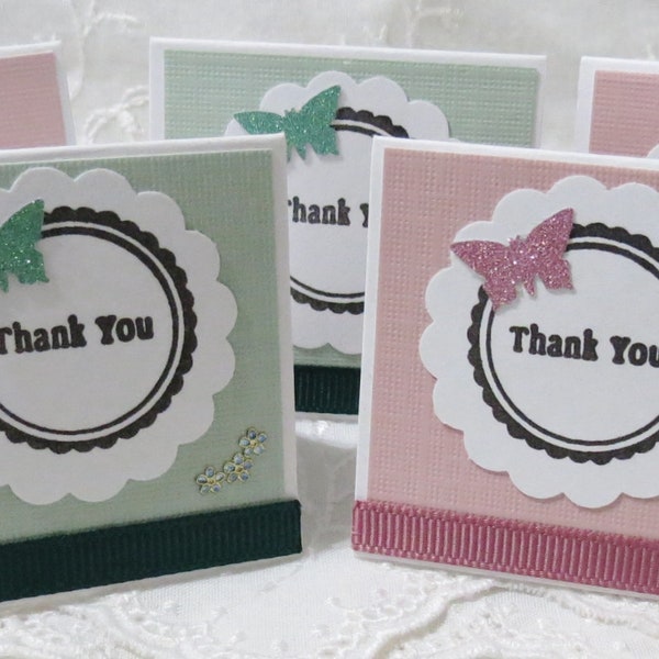 Pink and Green Handmade Mini Thank You Cards with Butterflies and Flower Set of 40