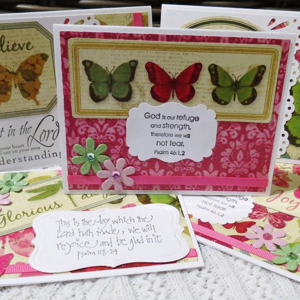 Scripture Verse Note Cards with Flowers and Butterflies Handmade Set of Five