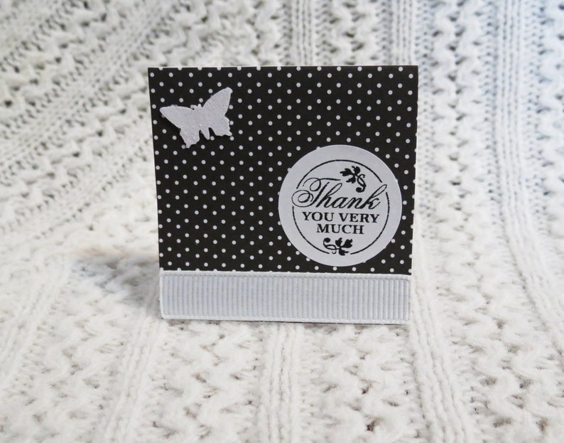 Black and White Handmade Mini Thank You Cards with Polka Dots and Butterflies Set of 50