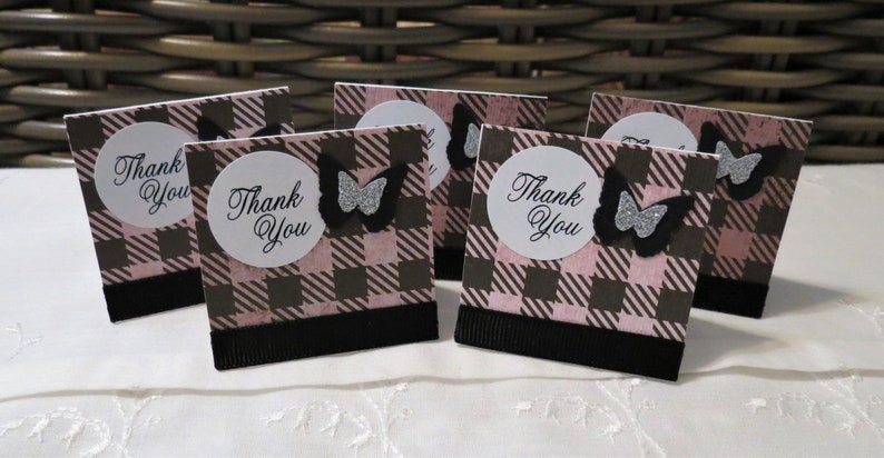 Pink and Black Plaid Mini Thank You Cards with Butterflies Handmade Set of 50