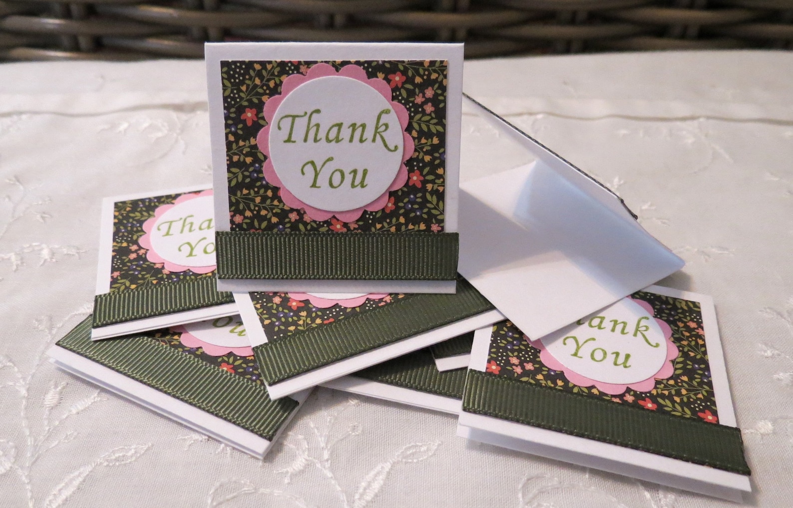 Floral Mini Thank You Cards, Green, Pink and Back; Handmade Set of 45 ...