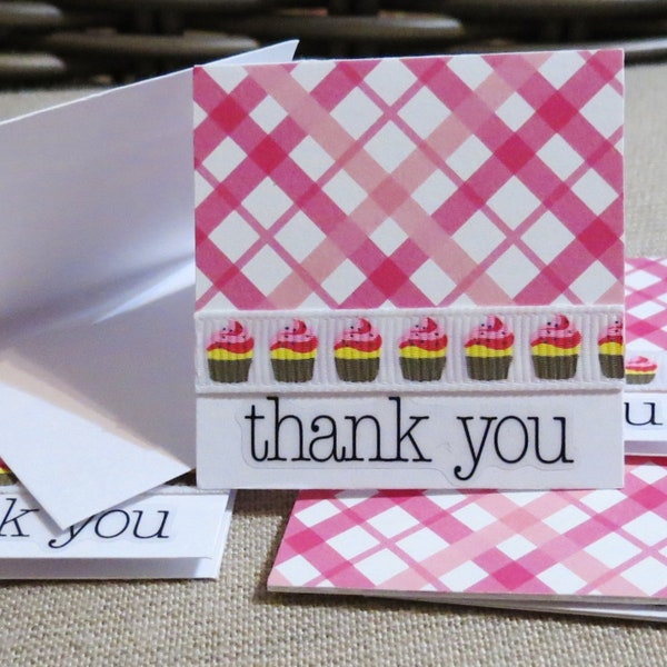 Strawberry Cupcakes Mini Thank You Cards, Pink and White, Handmade Set of 24, Thank You Cards, Pink Plaid