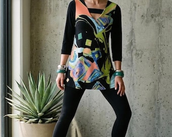 Eva Varro Abstract Multicolor Art Tunic 3/4 Sleeve Made USA Women S