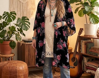 Torrid Burnout Floral Velvet Duster Kimono Sleeve Women One Size. Boho Fairy