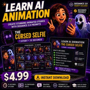May include: A digital educational guide titled Learn AI Animation featuring The Cursed Selfie story. The graphic displays a cartoon character holding a purple smartphone next to a ghost, a 15-shot storyboard, and a laptop screen listing features.