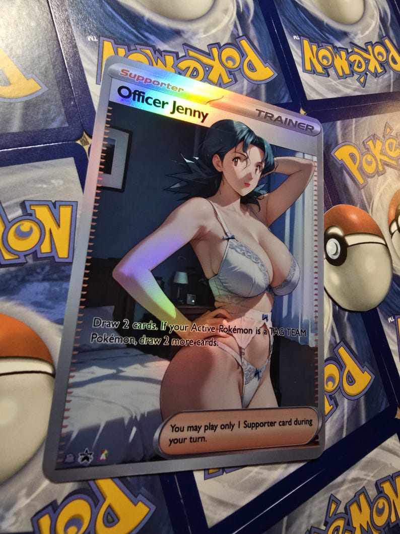 Op de afbeelding: Een holografische "Officer Jenny" Pok&eacute;mon Trainer kaart. De kaart bevat een illustratie van een vrouw in lingerie. De tekst op de kaart luidt: "Trek 2 kaarten. Als je Actieve Pok&eacute;mon een TAG TEAM Pok&eacute;mon is, trek dan 2 extra kaarten."
