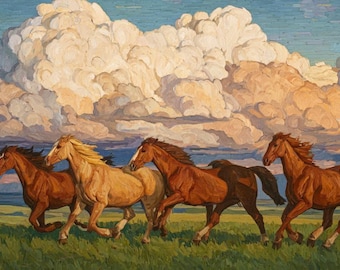 Caballos salvajes originales - 60x30 pulgadas - Pintura al óleo sobre lienzo