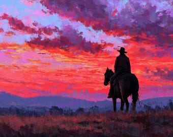 Olieverfschilderij cowboyzonsondergang – Westmuurkunst