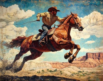 A Bad Hoss」 - チャールズ・M・ラッセルの手描き油絵複製、暴れ馬に