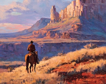 Cowboy westelijk landschapsolieverfschilderij – muurkunst op canvas woestijnzonsondergang