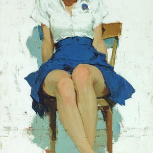 Original Oil Painting Woman in Blue Skirt – Figurative Feminine Portrait on Canvas, One-of-a-Kind Textured Fine Art 64&quot;*32&quot;