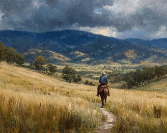 Cowboy rijdt door bergen – olieverfschilderij westelijk landschap
