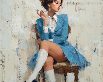 Figurative Oil Painting – Woman in Blue Dress, Modern Pin-Up Style Artwork, Contemporary Realism Canvas
