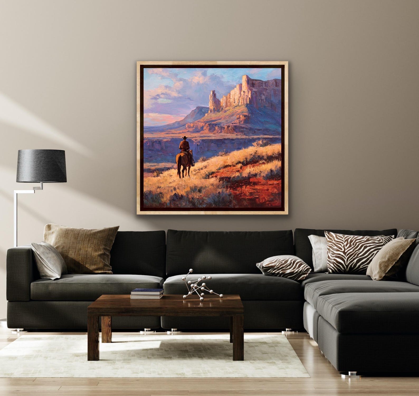 Cowboy Western Landscape Oil Painting – Desert Sunset Wall Art on ...