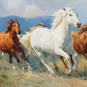 Horses- oil painting, 60x30 inches, large original oil painting on canvas, large landscape painting