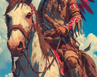 Guerrero nativo a caballo – Pintura al óleo original