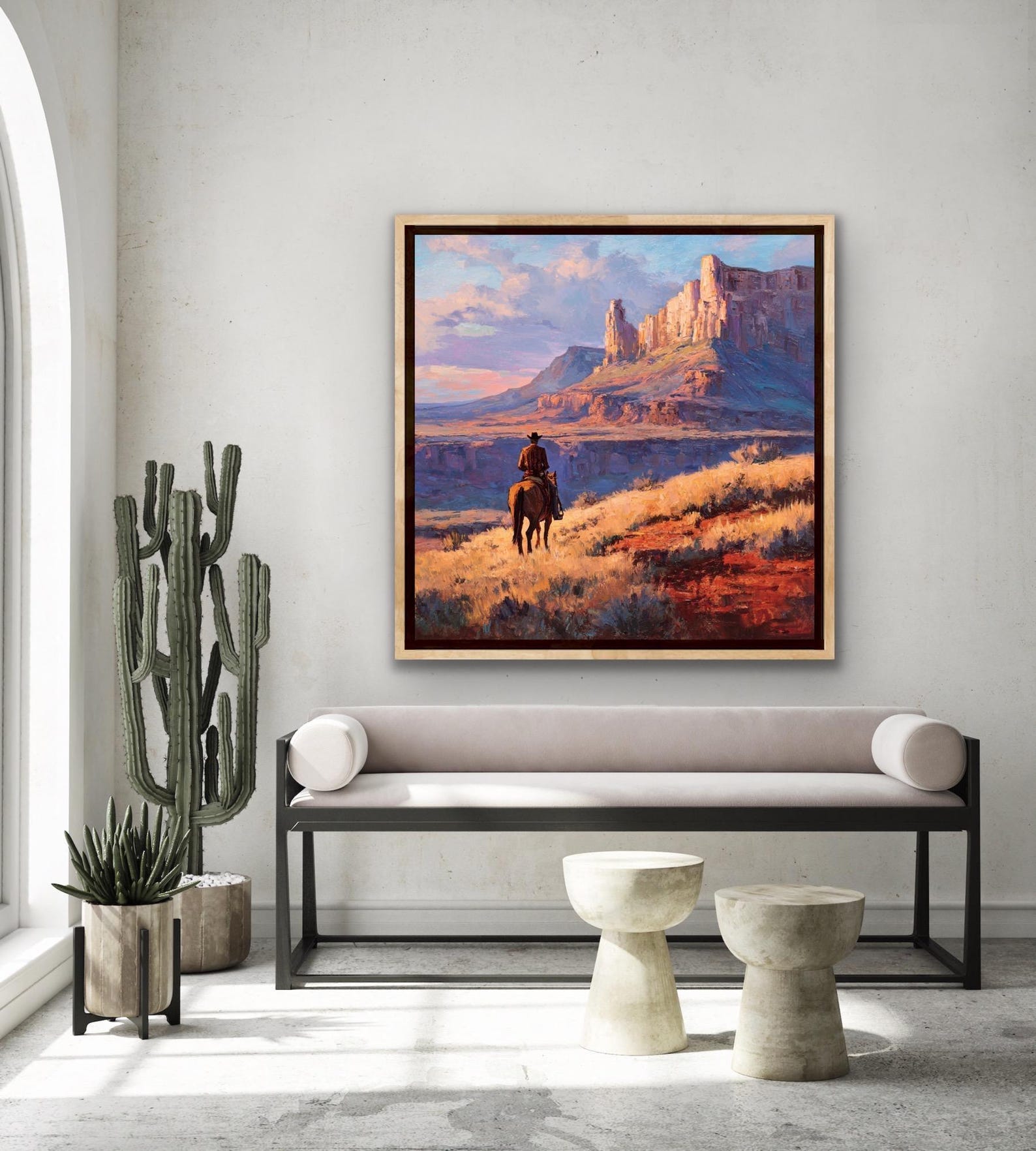 Cowboy Western Landscape Oil Painting – Desert Sunset Wall Art on ...
