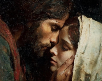 Jesus and Mary Painting, Christian Religious Art, Madonna and Christ Portrait, Biblical Wall Art, Spiritual Canvas, Sacred Love Painting