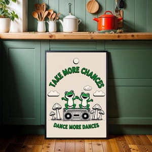 Retro Dancing Frogs Wall Print | Vintage Frog Art | Cute Mushroom Positive Poster | Green & Orange Unframed